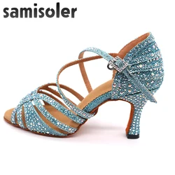 Samisoler  blue Rhinestone ballroom dance shoes women Salsa dance shoes women Professional tango Latin Shoes style high heels