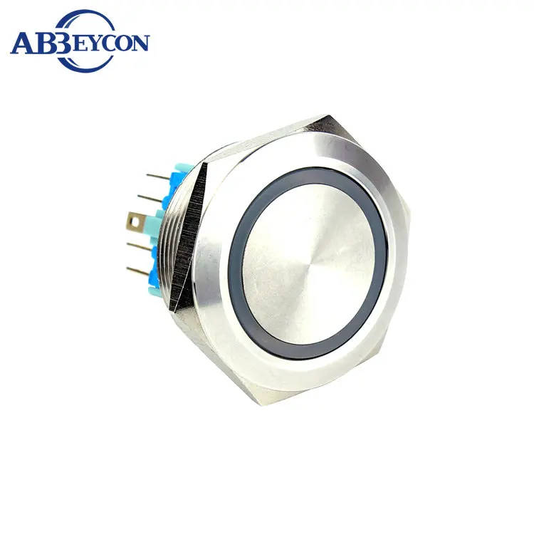 ABBEYCON 30mm Flat Head Stainless Steel Metal Waterproof Pin Terminal Normaly Open Momentary Ring LED Short Push Button Switch