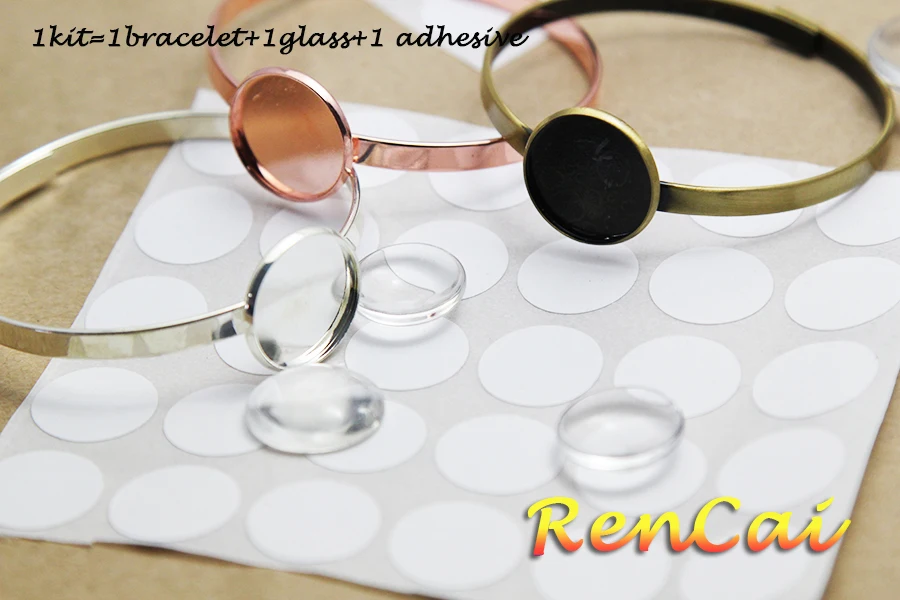 5Kits 20mm Round Bangle Base Bracelet Blank Findings Tray Bezel Setting Cabochon Cameo Include Bracelet/Double Adhesive/Glass