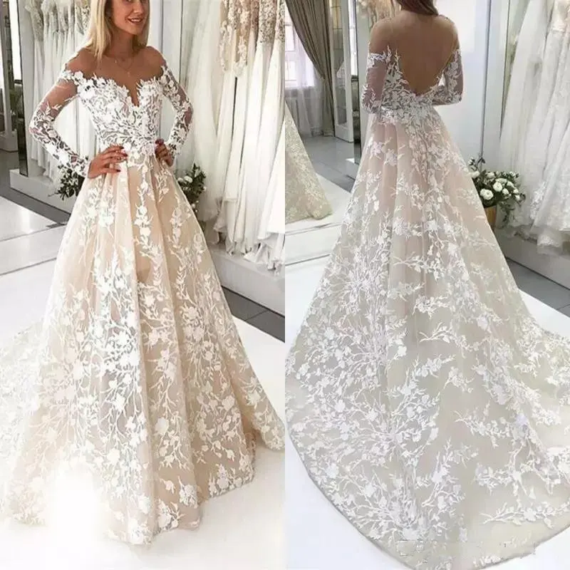 

2021 Long Sleeves Lace Wedding Dresses with Appliques Sheer O Neck Sweep Train A Line Formal Wedding Bridal Gowns