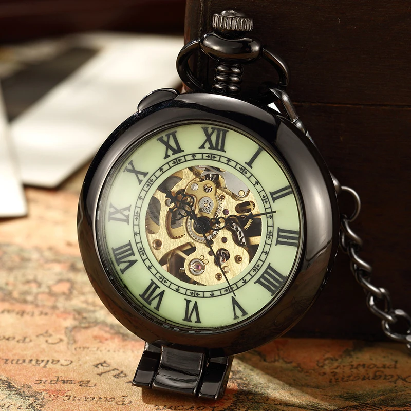 Unique Retro Transparent Men Pocket Watch Black Silver Steel Watch FOB Chain Quartz Pocket Watch New  Luminous Watch Clock