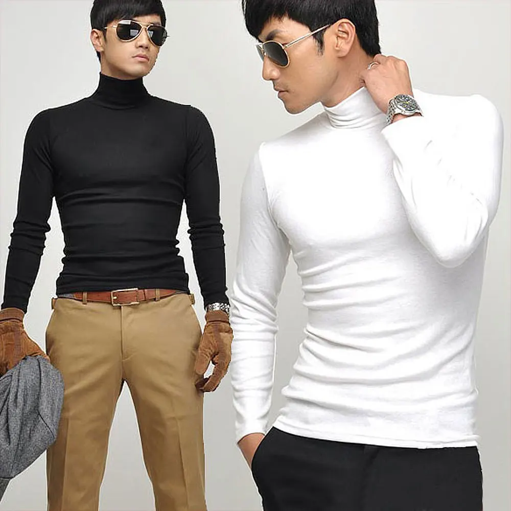 Autumn Winter Black White Men\'s Long-sleeve T-shirt Turtleneck High-elastic Lycra Cotton T shirt Solid Color S-XXXL st-803