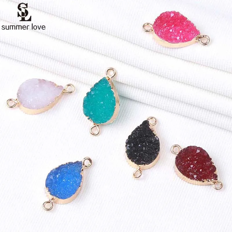 Wholesale 10pcs/lot Druzy Connector Charms for Diy Jewelry Making 2024 New Gold Color 2 Hole Teardrop Pendant Charm Fit Bracelet