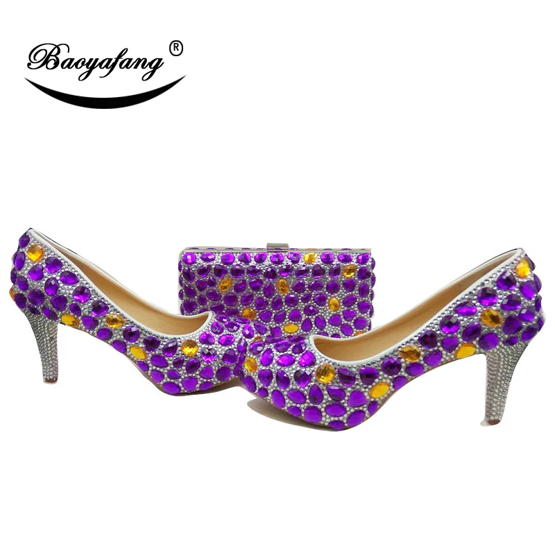 

BaoYaFang Purple rhinestone Women wedding shoes with matching bags Bride female shoes and purse Platform shoes platform shoe