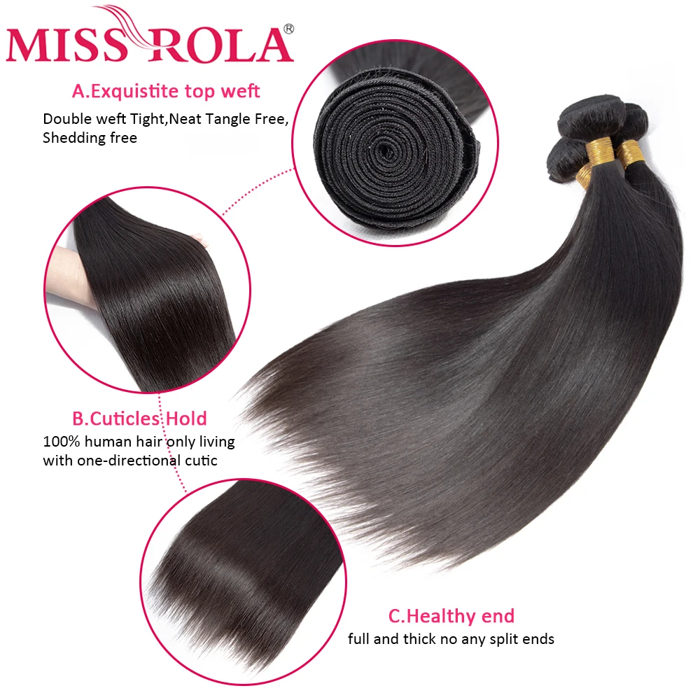 Miss Rola-Pacotes de Tecer Cabelo Brasileiro, 100% Cabelo Humano, Liso, 8-40 in, Cor Natural, Remy, Tramas Duplas