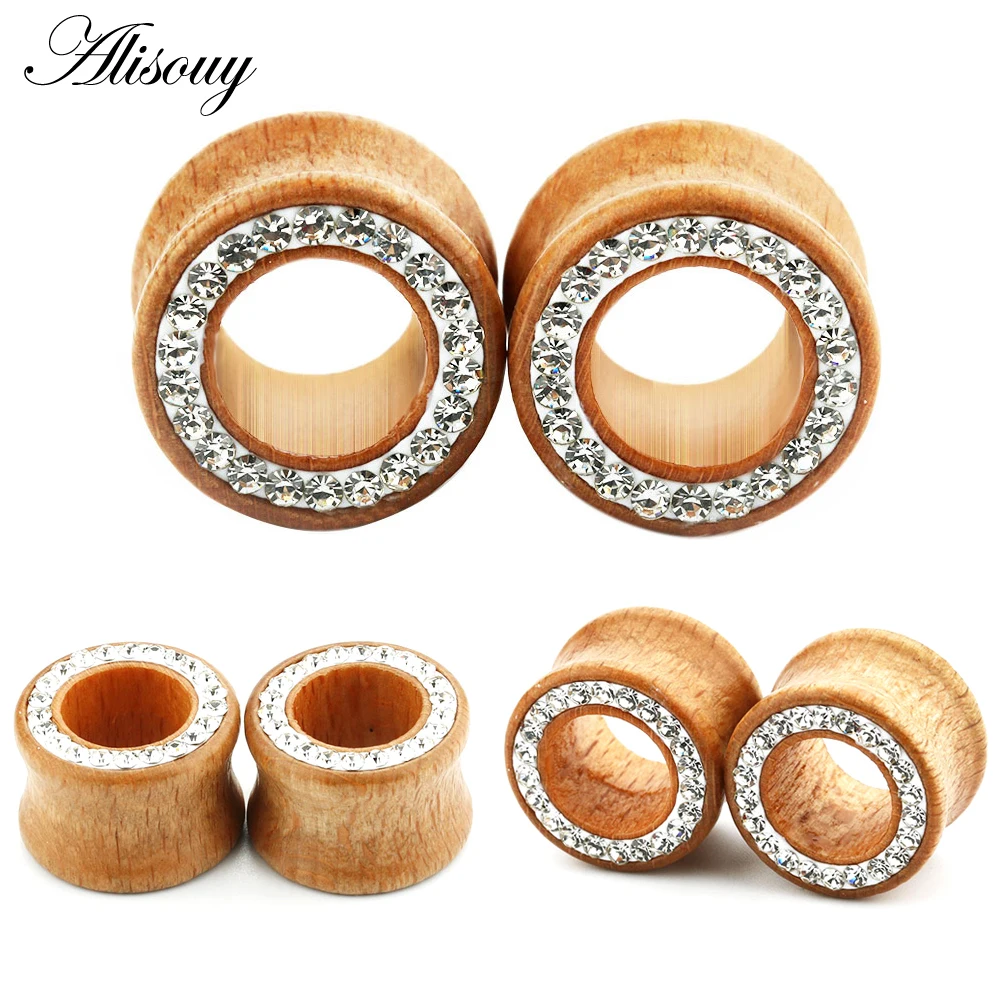 1PC Fashion Ear Plugs Wood Flesh Tunnels Zircon Crystal Rhinestone 8mm-16mm Saddle Ear Taper Body Piercing Jewelry Men Women