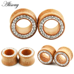 1PC Fashion Ear Plugs Wood Flesh Tunnels Zircon Crystal Rhinestone 8mm-16mm Saddle Ear Taper Body Piercing Jewelry Men Women