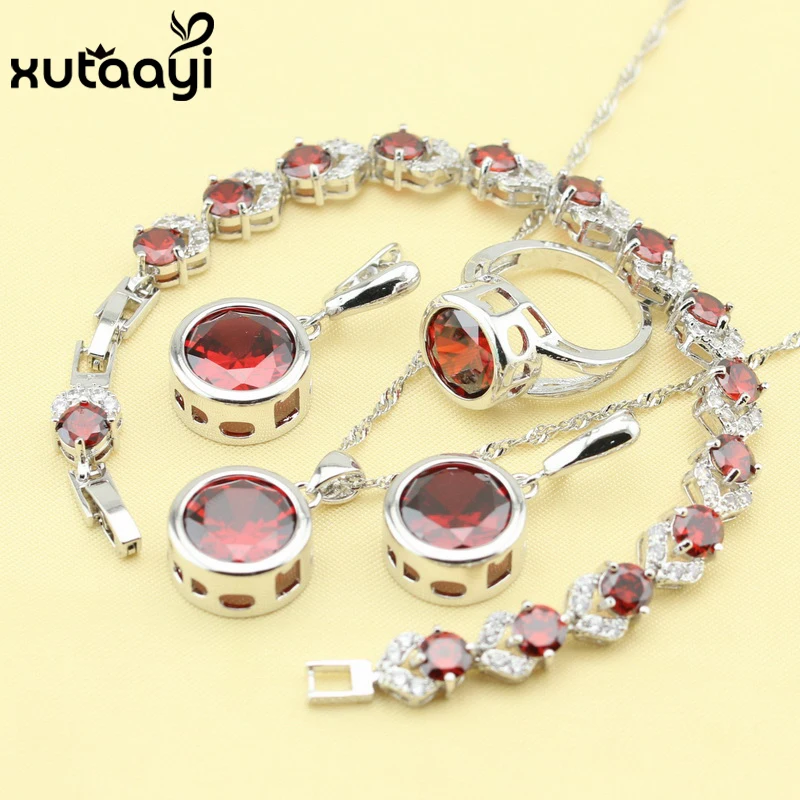 Red Created Garnet  Fashion  Silver colorcolor Jewelry Sets For Women  Alluring Wedding Necklace Rings Earrings Bracelet