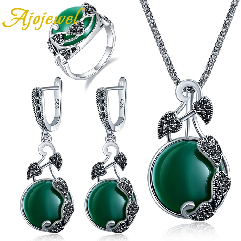 Ajojewel Vintage Women Jewelry Set Of 3 Pcs Black Marcasite Vine Leaf Earrings And Necklace Ring With Stone