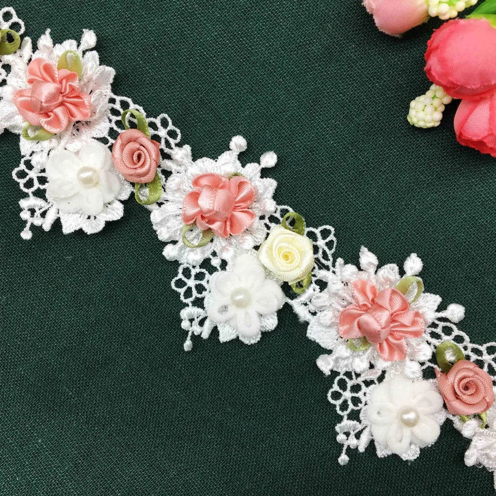 1 Yard Soluble 3D Colorful Rose Flower Pearl Embroidered Lace Trim Ribbon Fabric Handmade DIY Sewing Craft For Costume Hat Decor