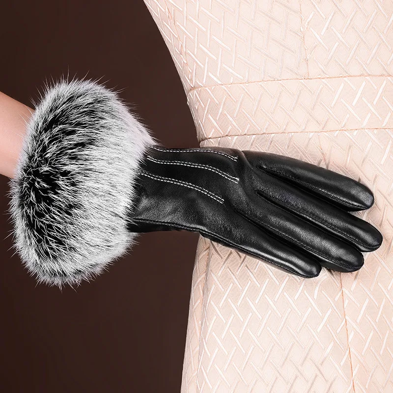 Winter black sheepskin Mittens Leather Gloves For Women Rabbit Fur Wrist Top Sheepskin Gloves Black Warm Female Driving Gloves