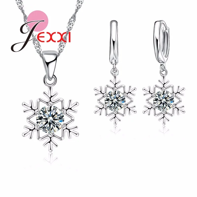 Pendentif flocon de neige en cristal pour femmes, chaîne en argent Sterling 925, collier + boucles d'oreilles, ensemble à la mode, bijoux de noël et de mariage