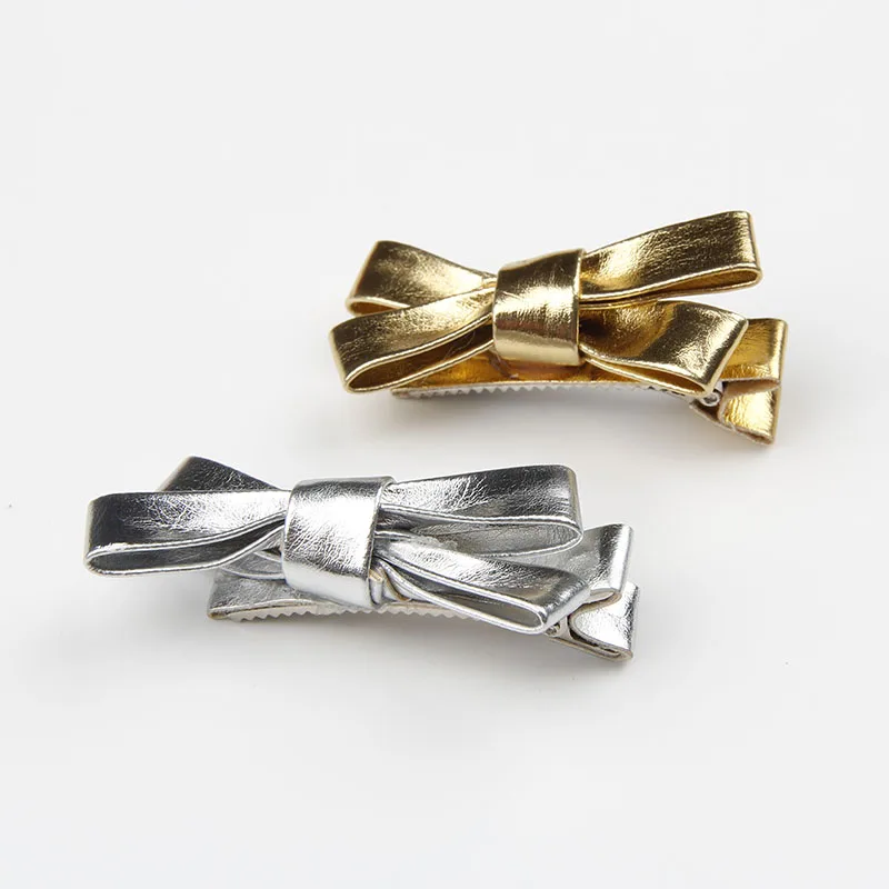 2pcs/lot Lovely Baby Girls PU Bow Hairpins Princess Bowknot Hair Clips Kids Gold&Silver Leather Barrette Hair Accessory