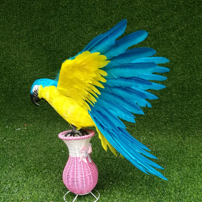 

big yellow&blue parrot toy foam&feather simulation bird model gift about 45x60cm