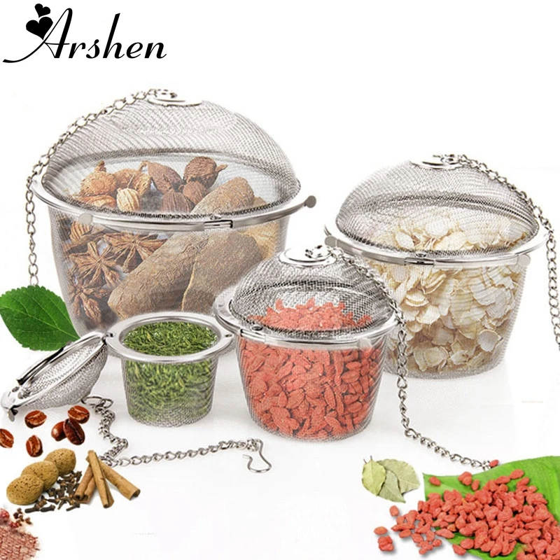 Arshen 3 Sizes Spice Seasoning Bag Tea Strainer Chained Lid Stainless Steel Mesh Ball Tea Coffee Filter Basket Infuser Tools