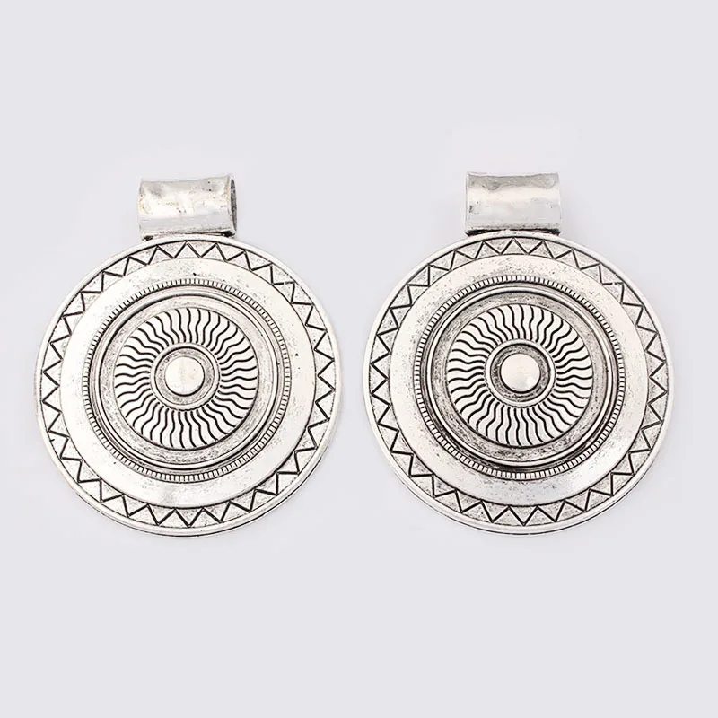 1pcs Tibetan Silver Large Bohemia Boho Medallion Carved Wave Round Charm Pendant For DIY Necklace Making Findings 63.5x77mm