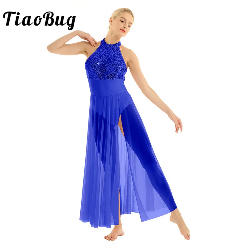 

TiaoBug Women Shiny Sequins Ballet Tutu Leotard Mesh Long Dress Adult Ballroom Performance Contemporary Lyrical Dance Costumes