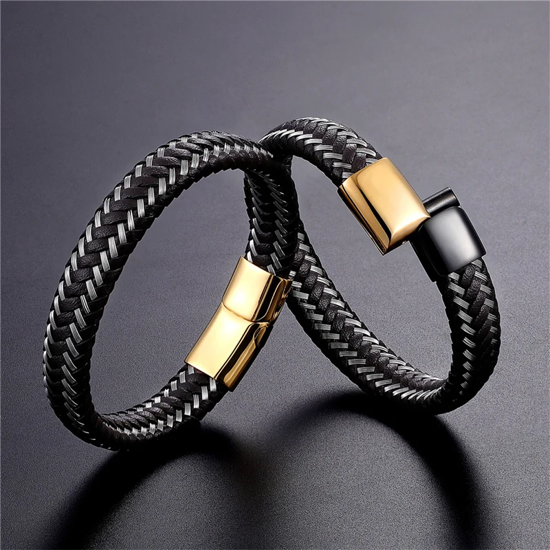 2019 New 12mm Casual Woven Leather Bracelet Men\'s Bracelet Ladies Stainless Steel Bracelet Black Brown Jewelry Gift 19/21/23cm