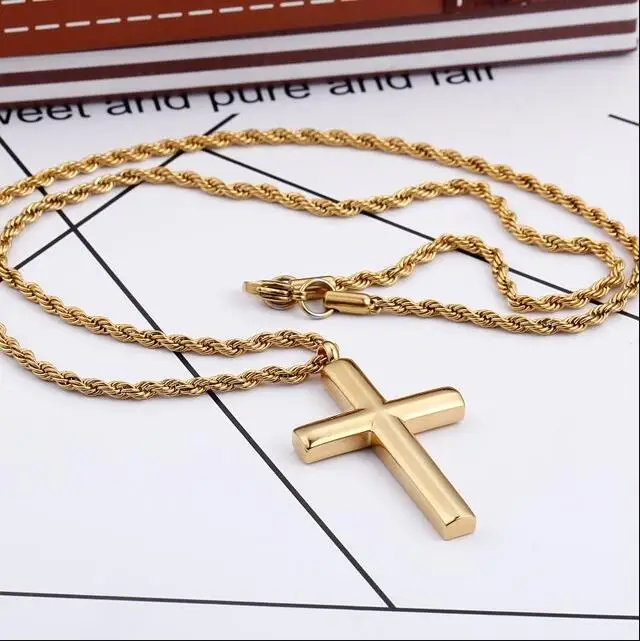 Punk Twist Rope Chain Cross Pendant Men Women Hiphop Gold Silver Color Polished Stainless Steel Cross Necklace Male Jewelry