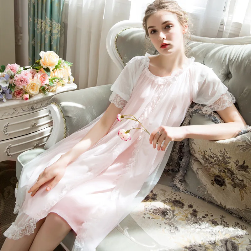 

Lady Nightwear Short Sleeve Court Princess Sweet Dress Female Elegant Lace Silk Yarn Modal Sleepdress Women Nightgown H5578