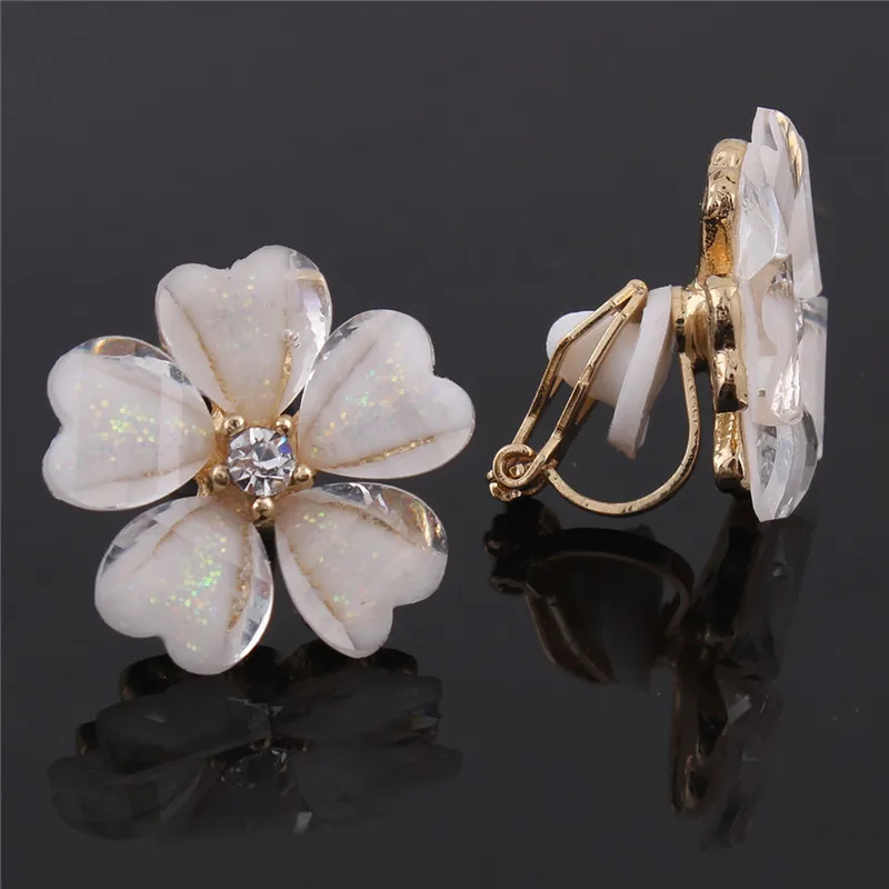 Grace Jun  Korea Style Flower Shape Opal Clip on Earrings Without Piercing for Girls Party Wedding Charm Earrings Anti-allergy