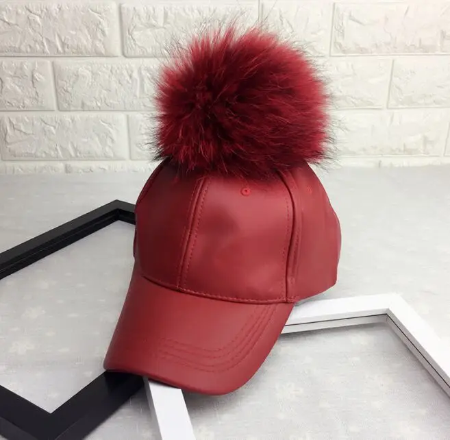 Autumn WInter 15cm Real Fur Pom poms Baseball Caps Artificial Leather Solid Snapbacks Hats Caps Casquette Gorros