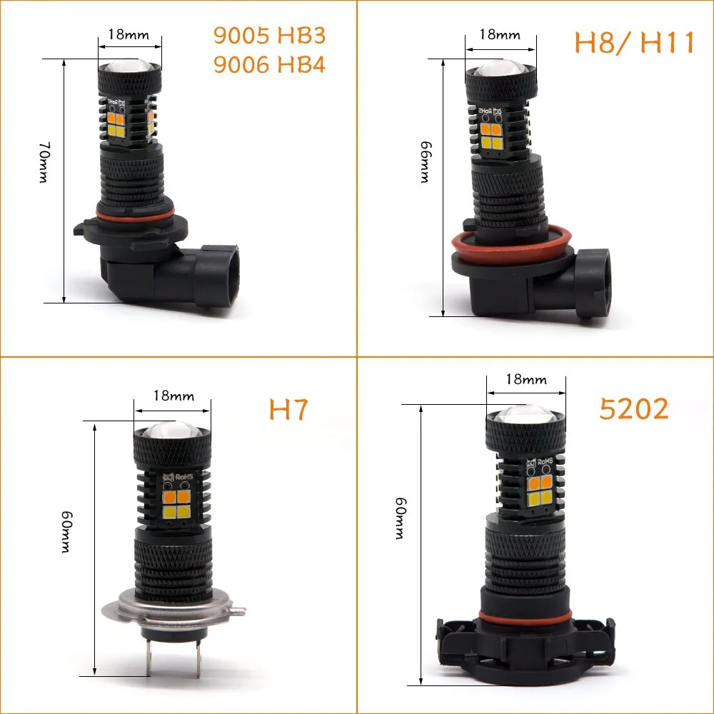 2pcs Dual Color H7 H11 H8  Led Fog Lamp Light 9005 9006 HB4 H16 5202 Driving Light  Auto running White Yellow Amber