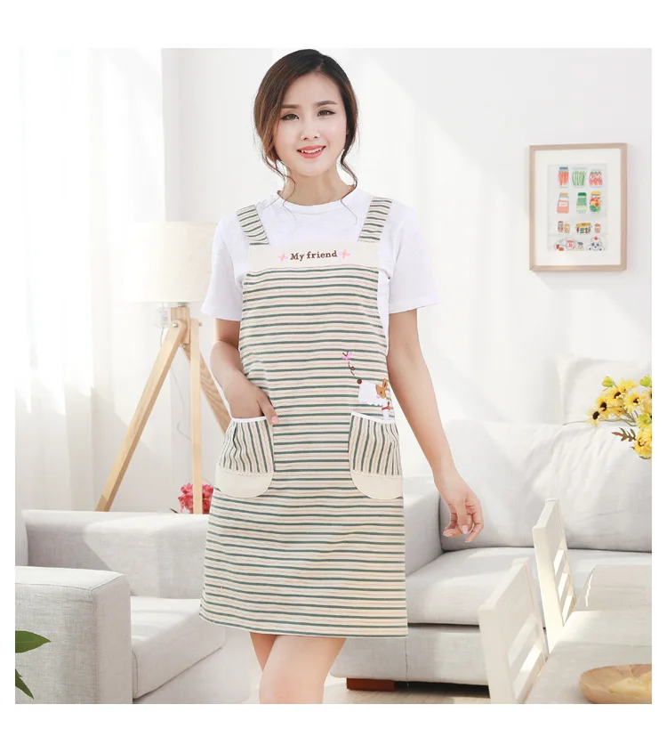 1PC Cotton Linen Kitchen Stripe Apron with Pocket Cooking Apron Avental Dining Room Barbecue Restaurant Pocket Halterneck LF 178