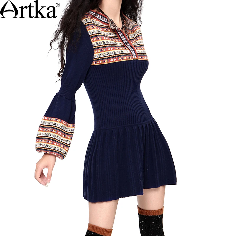 ARTKA Women\'s Autumn&Winter Casual Slim Warm Sweater Dress Vintage Lantern Sleeve All-match Knit One-piece Dress LB15838D