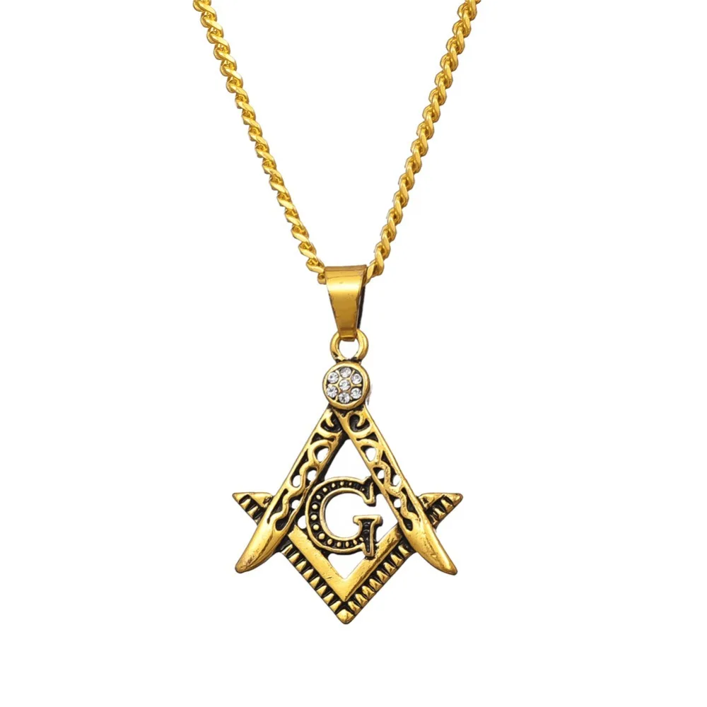 Vintage Masonic Symbol Necklaces Male Gold Color Stainless Steel Punk Fashion Freemason Mason Pendant With 20-27\