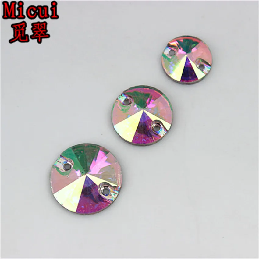 Micui 200-50pcs 8 10 12 14mm Round Sew On Crystal AB Resin Flatback Rhinestone Crystal Stones With 2 Holes for DIY Crafts MC300