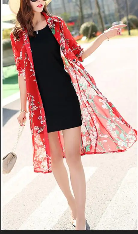 

Cardigan sun protection Thin Trench Coats women long beach shawl outside thin coat summer chiffon gown seaside printing outwear