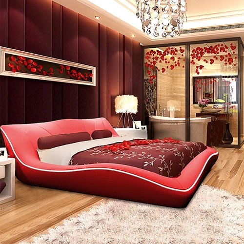 modern design Bed artificial leather wood bedroom furniture  200 x 180cm red and black