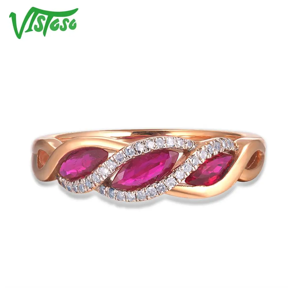 VISTOSO Genuine 14K585 Rose Gold Fancy Ruby Shiny Diamond Ring For Lady Wedding Engagement Anniverary Trendy Luxury Fine Jewelry