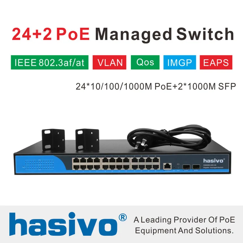 

24 port Managed Poe Ethernet Switch 400W managment switch with 24 port 10/100/1000M Rj45 PoE 2 Port SFP fiber