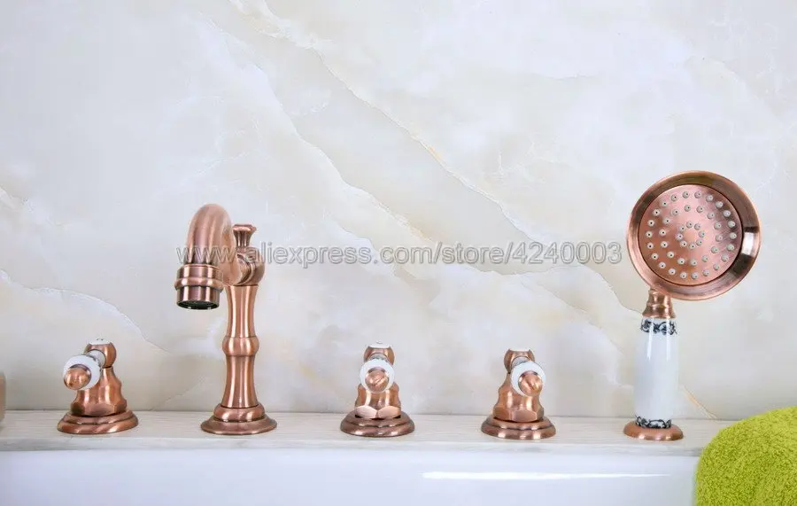 Antique Red Copper Roman Bathtub Faucet Deck Mount Widespread Bathroom Bath Tub Mixer Tap Ktf224