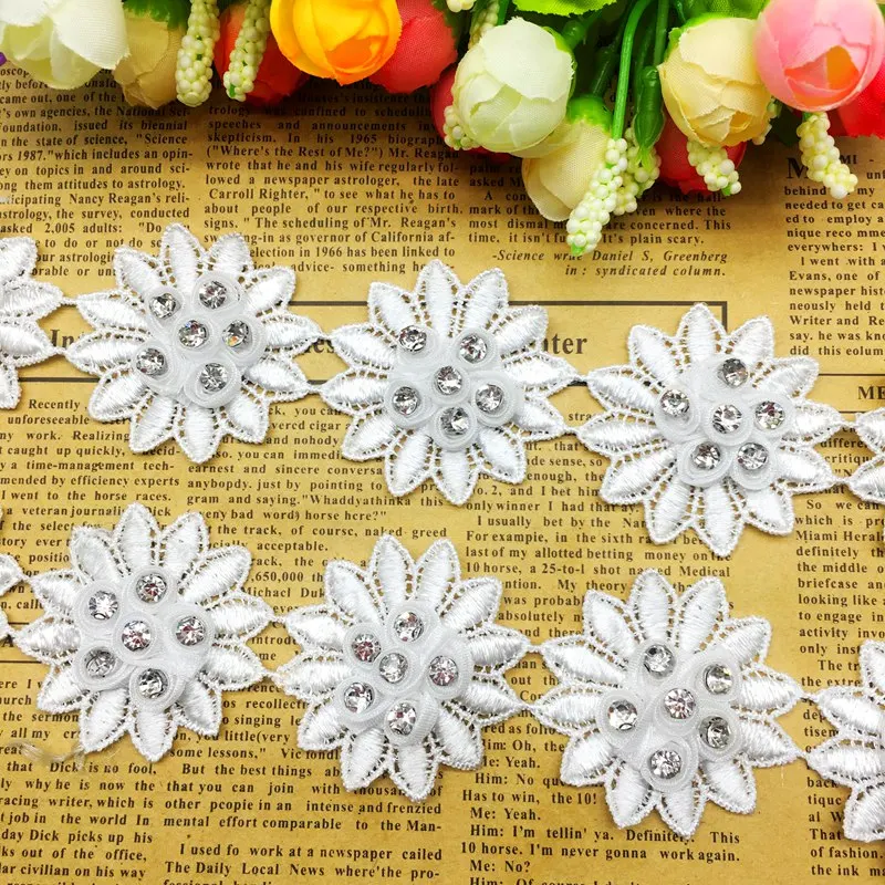 

GXINUG 2 Yard Diamond 3D Rose Flower Organza Lace Fabric Trim Applique Embroidered For Sewing Craft Wedding Dress Clothes