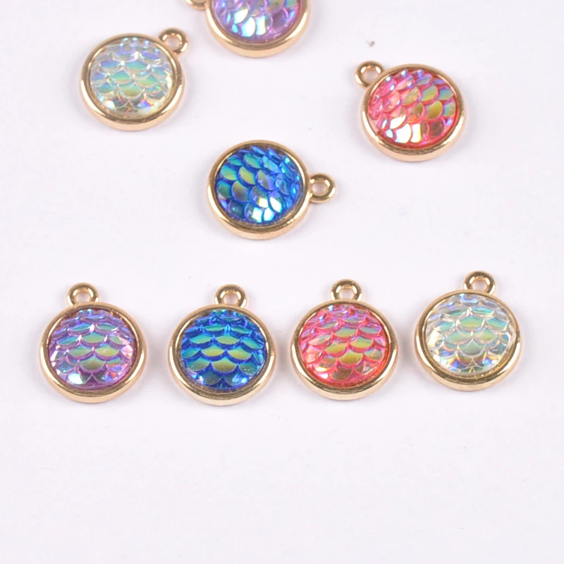 10pcs mixed color mermaid Charms Resin scale roundness Pendants for Jewelry Bracelet Necklace Making 13mm YKL0716