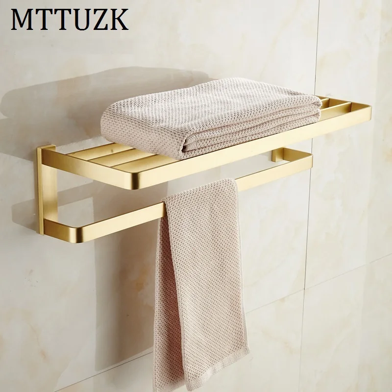 MTTUZK Solid Brass Brushed Gold Towel Rack  Bath Towel Holder With Towel bar  Bathroom Shelves Bathroom Double Towel Rack