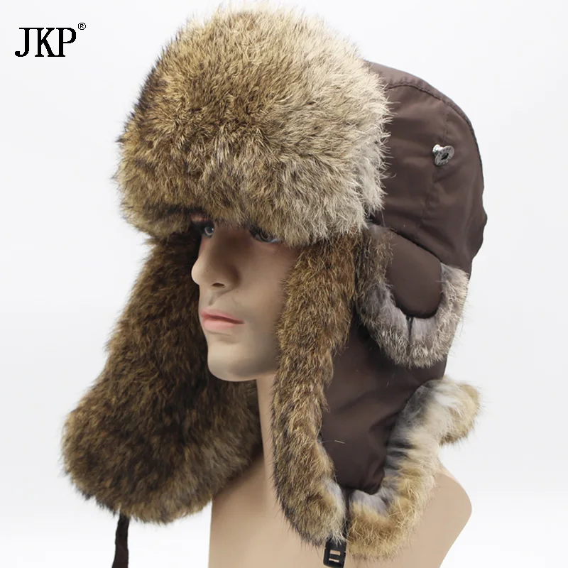 Winter fashion Bomber Trapper Hats Thick Winter Warm Rabbit Fur Hat Rex Thick Warm Snow Caps Ear Flap Caps  Russian  For Men