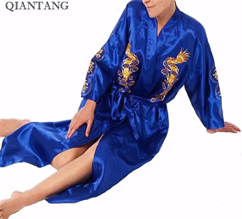 

Blue New Chinese Women's Satin Embroidery Robe Kimono Bath Gown pijamas Dragon Size S M L XL XXL XXXL S0009#