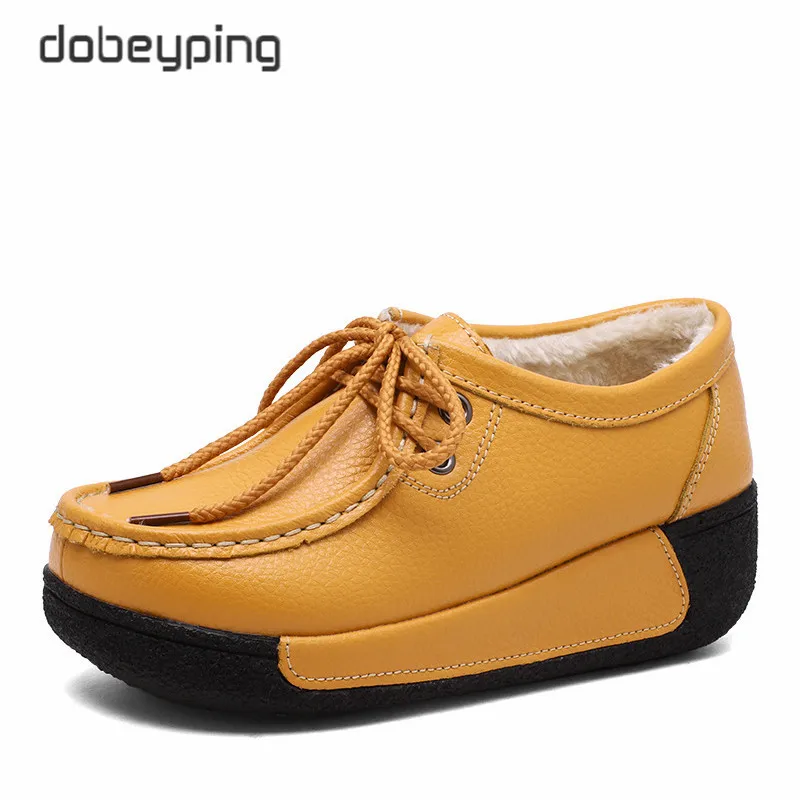 Dobeyping nowe oryginalne skórzane buty zimowe damskie Casual płaski obcas kobiet buty pluszowe damskie mokasyny Slip-On damskie trampki