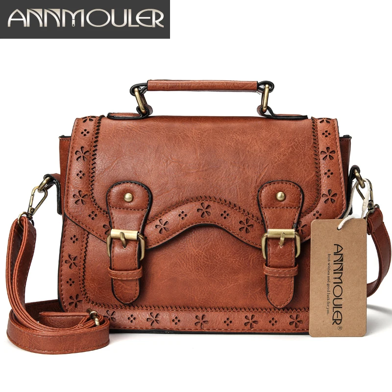 Annmouler marka kobiety torba na ramię Vintage torebka na ramię brązowa wydrążona torba Crossbody torba mała teczka dla pań