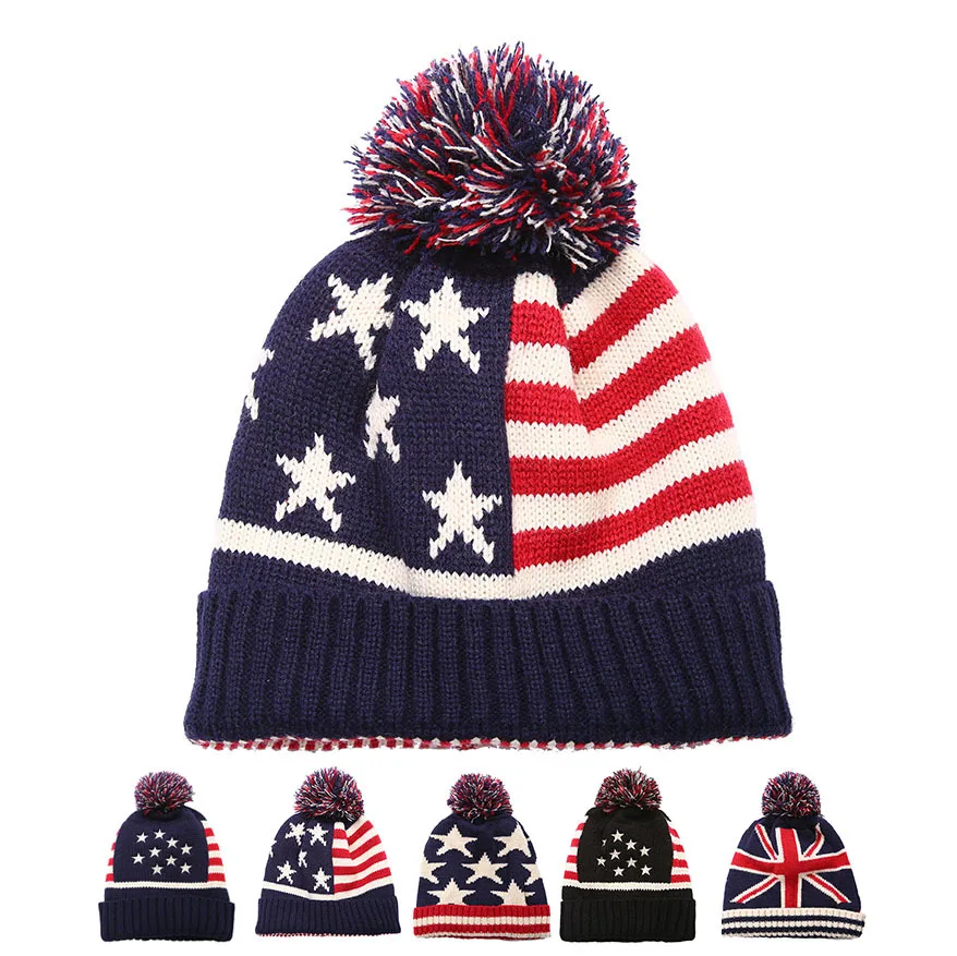 Men Winter Pom Poms ball Knitted Cap For Women Unisex Casual British and American national flag hats Skullies Beanie hat Gorros