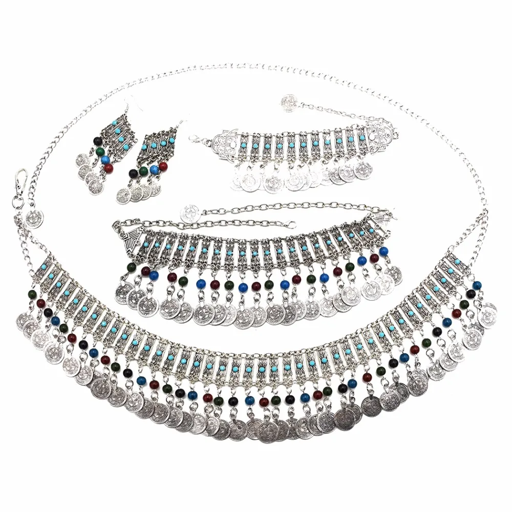 Bohemian Vintage Metal Coin Necklaces Earrings Bracelets Belly Chains Sets for Women Gypsy Turkish Tribal Party Jewelry Sets