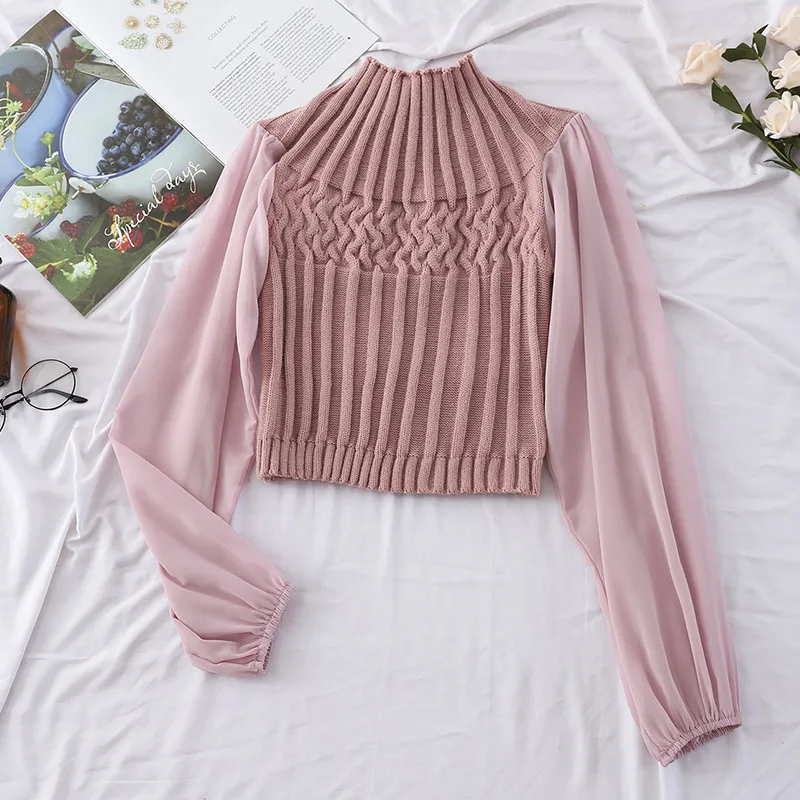 Autumn Women Turtleneck Knitted Pullovers Chiffon Patchwork Sweater Ladies Bottoming Lantern Sleeve Knitwear Short Tops AB1135