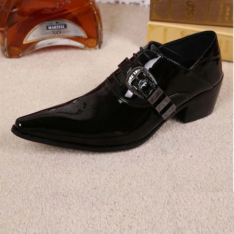 Sapato social masculino buckle patent leather shoes men genuine leather pointed toe high heels lace-up dress wedding formal shoe