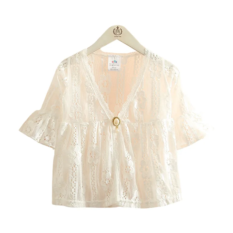 2025 Summer 3 4 6 8 10 12 Years V-Neck Breathable Beach Running Sunscreen UV Sun Protection White Lace Jacket For Kids Baby Girl