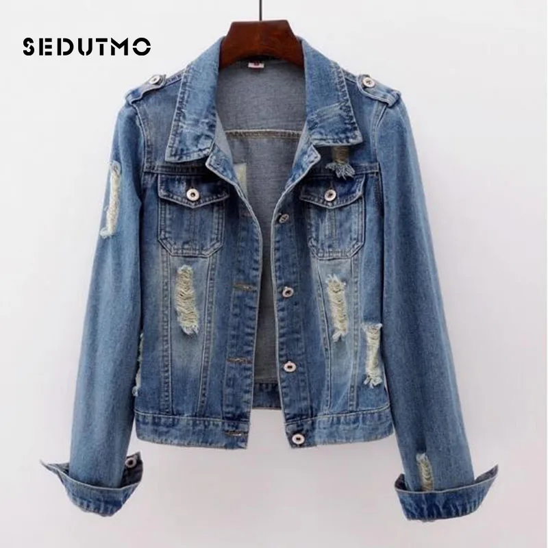 

SEDUTMO Ripped Denim Jacket Women Boyfriend Jean Coat Streetwear Harajuku Vintage Autumn Outerwear ED346