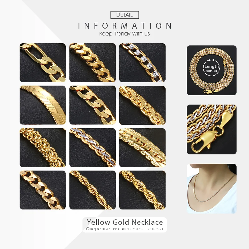 Necklace For Women Men Gold Color Figaro Rope Snake Curb Cuban Link Chain Mens Womens Fashion Jewelry 18-24\